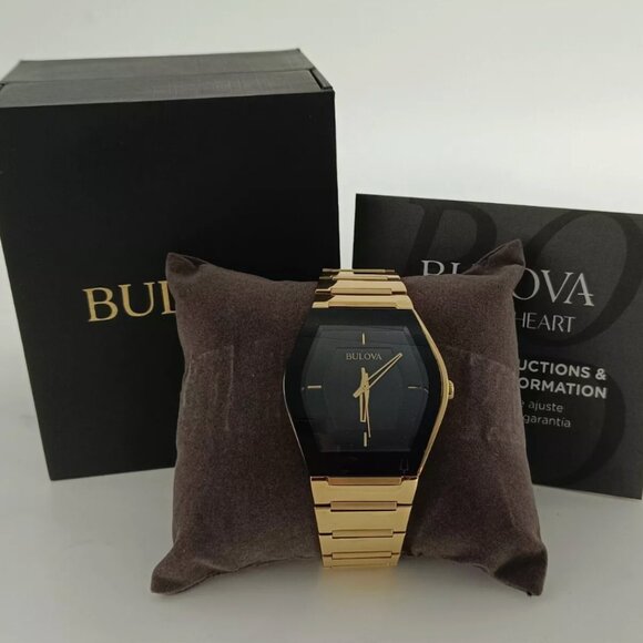 Bulova Mens Gold-Tone 40mm Black Face Watch New